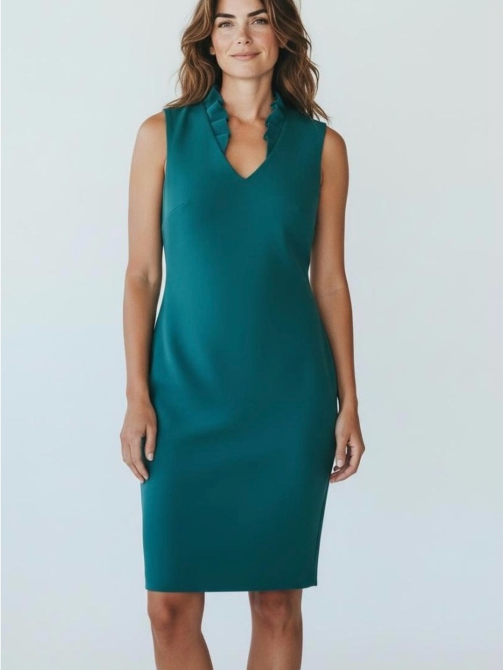 Calvin Klein Emerald Green Sleeveless V-Neck Midi Sheath Dress Women’s Size